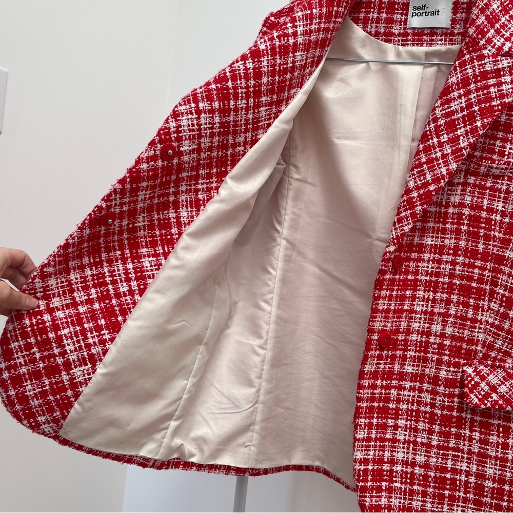 Self-Portrait boucle checked blazer red white tweed jacket Valentine’s Day ASO - Picture 7 of 16